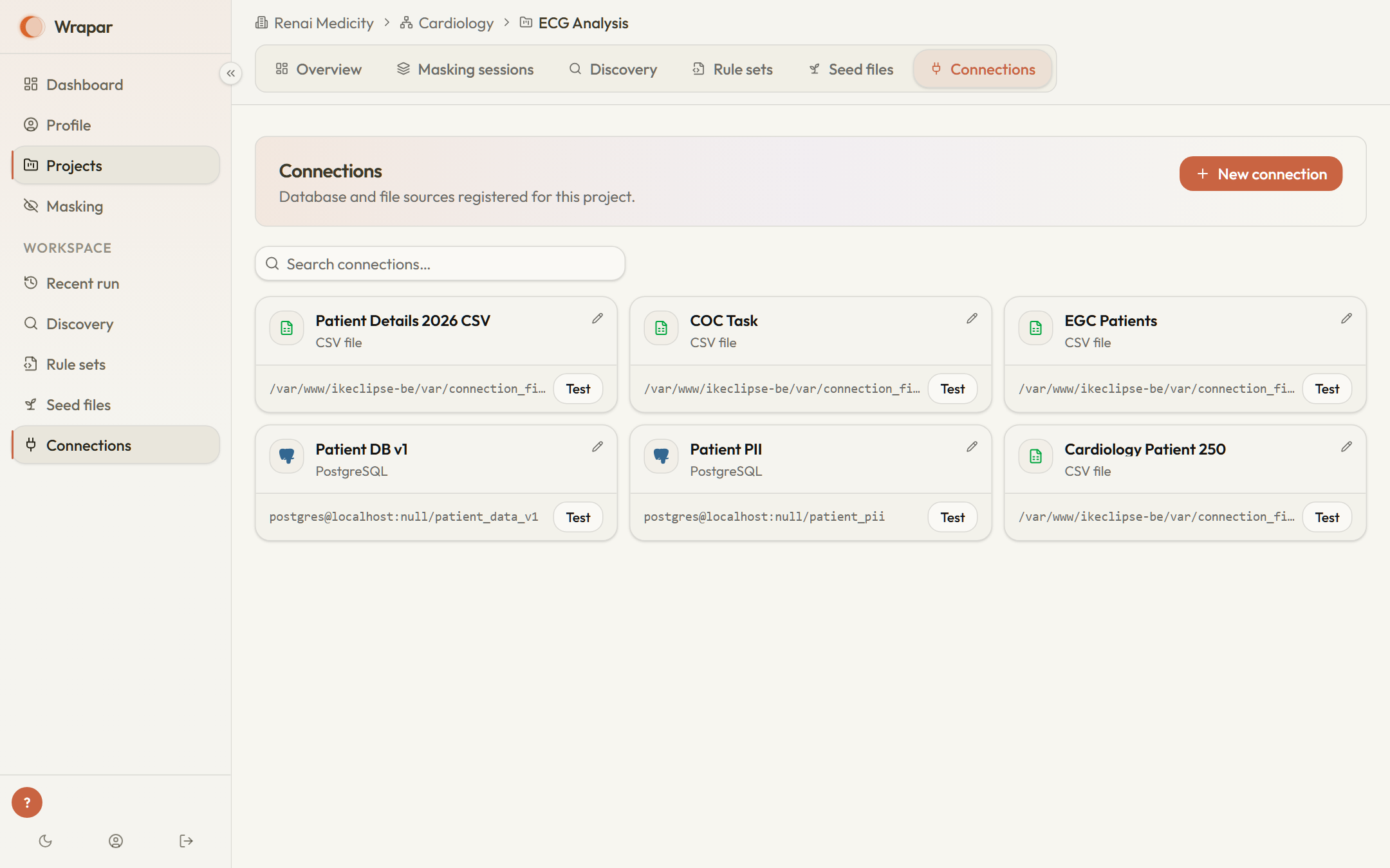 Wrapar connections page listing CSV and PostgreSQL sources registered for a project