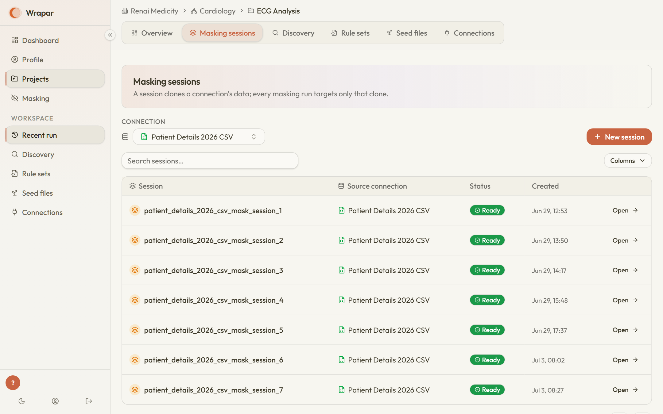 Wrapar masking sessions page with cloned sessions in Ready state